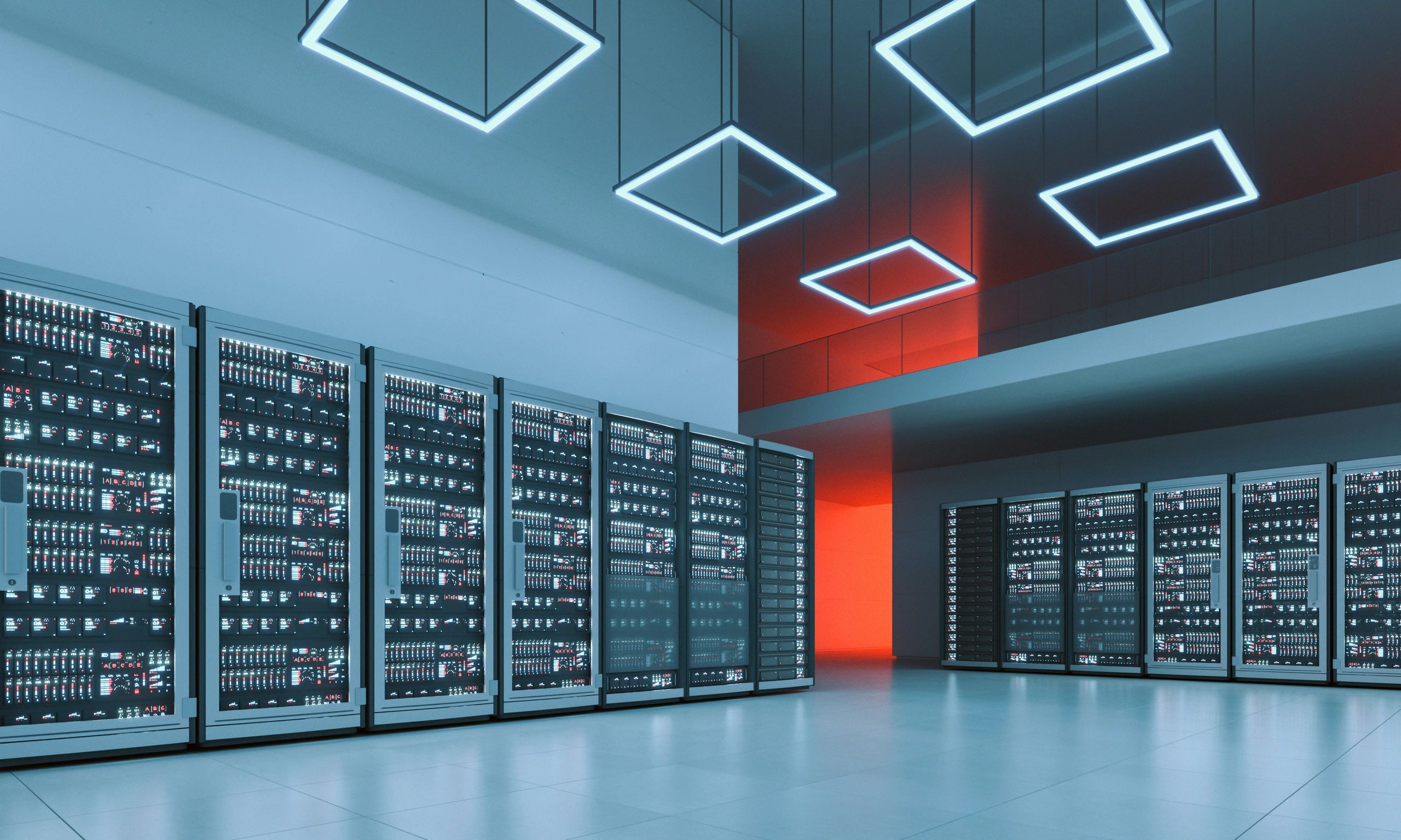 Modern enterprise server room with illuminated network equipment