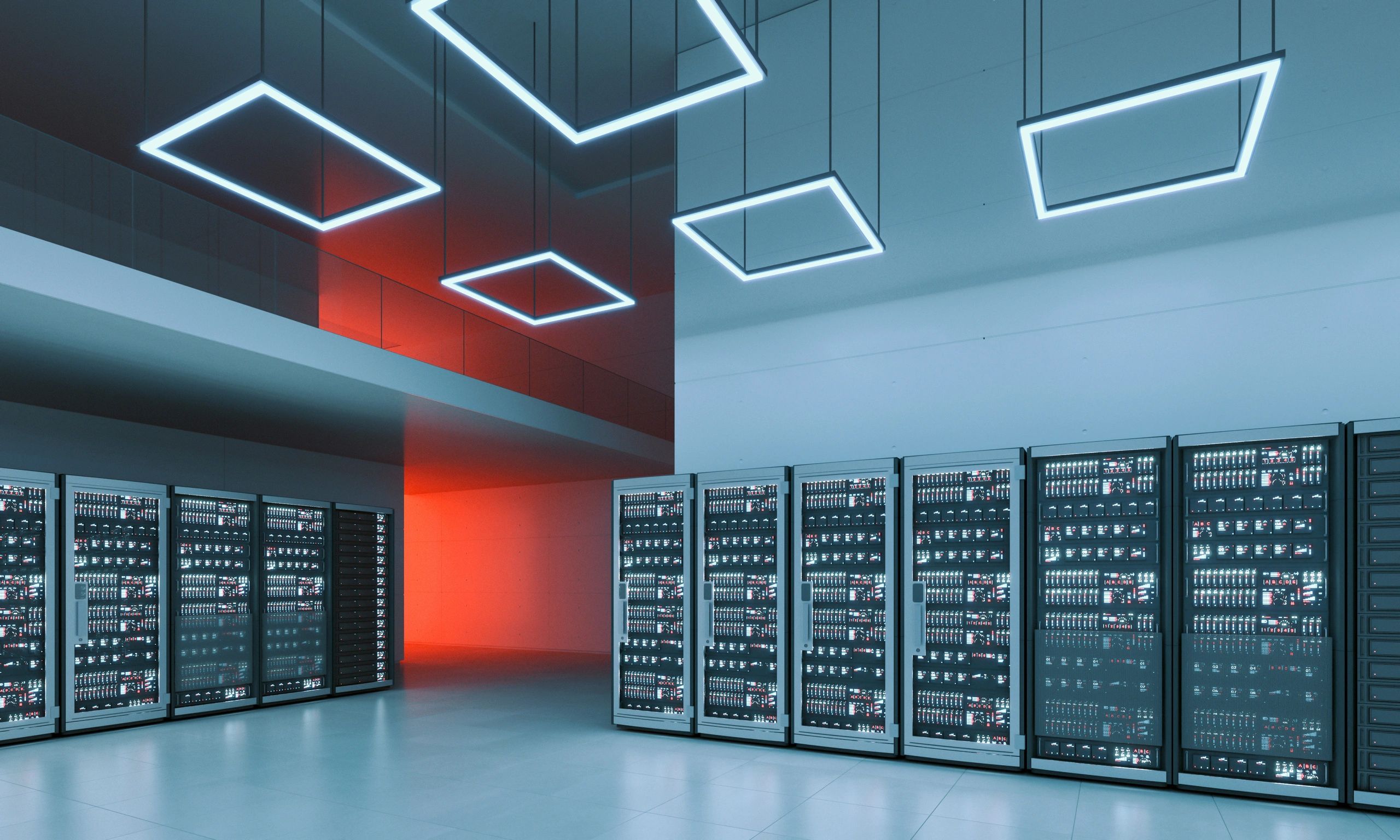 Modern data centre with rows of server racks